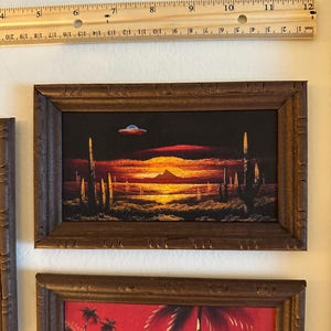 Desert UFO small black velvet vintage replica print of painting wood framed/stained on suede paper home decor bar art retro 7&quot; X 4.25&quot;