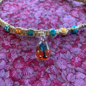 Blue and Orange Glass Mushroom Pendant - Hemp Macrame Necklace