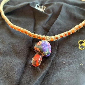 Small Classic Clay and Glass Mushroom Charm Hemp and Macrame Necklace