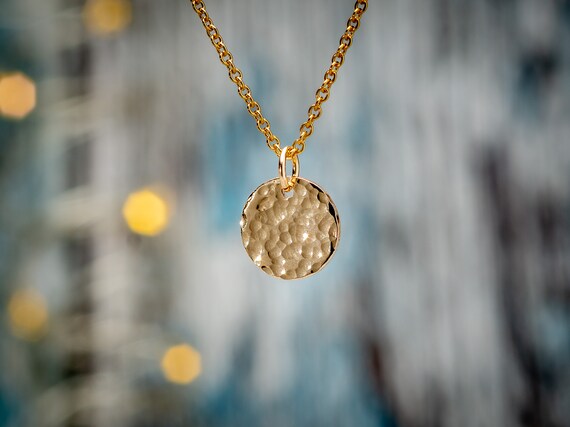Gold Hammered Disc Pendant Necklace 14K 