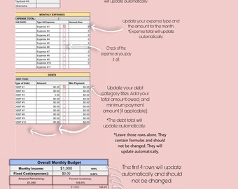 Op de afbeelding: Een roze en witte budgetspreadsheet met koppen voor maandelijkse inkomsten, uitgaven, schulden en een algemeen maandelijks budget. De spreadsheet bevat instructies voor het bijwerken van het document.