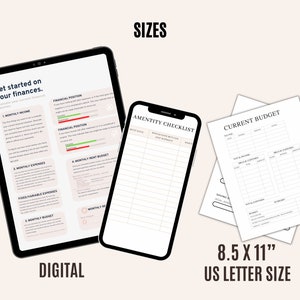 May include: A digital and printable budget planner set in black and white with a pink background. The set includes a financial position tracker, a monthly rent budget, a monthly budget, a current budget, and an amenity checklist. The digital version is shown on a tablet and the printable version is shown on a sheet of paper. The printable version is 8.5 x 11 inches, US letter size.