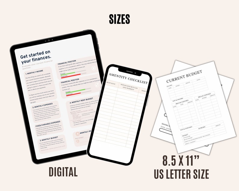 May include: A digital and printable budget planner set in black and white with a pink background. The set includes a financial position tracker, a monthly rent budget, a monthly budget, a current budget, and an amenity checklist. The digital version is shown on a tablet and the printable version is shown on a sheet of paper. The printable version is 8.5 x 11 inches, US letter size.