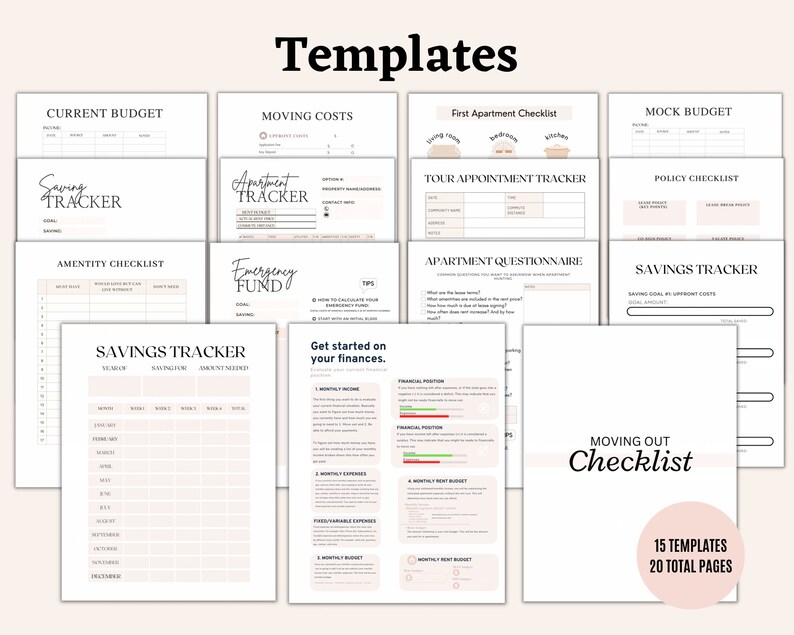 May include: A set of 15 printable templates for budgeting, saving, and moving. The templates are designed in a minimalist style with a pink and white color scheme. The templates include titles such as "Current Budget", "Moving Costs", "Apartment Tracker", "Emergency Fund", "Savings Tracker", "First Apartment Checklist", "Tour Appointment Tracker", "Apartment Questionnaire", "Mock Budget", "Policy Checklist", "Moving Out Checklist", and "Get Started on Your Finances".