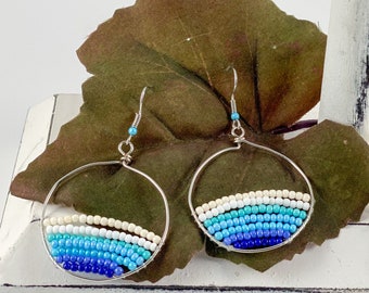 Beaded Blue Ocean Hoop Earrings