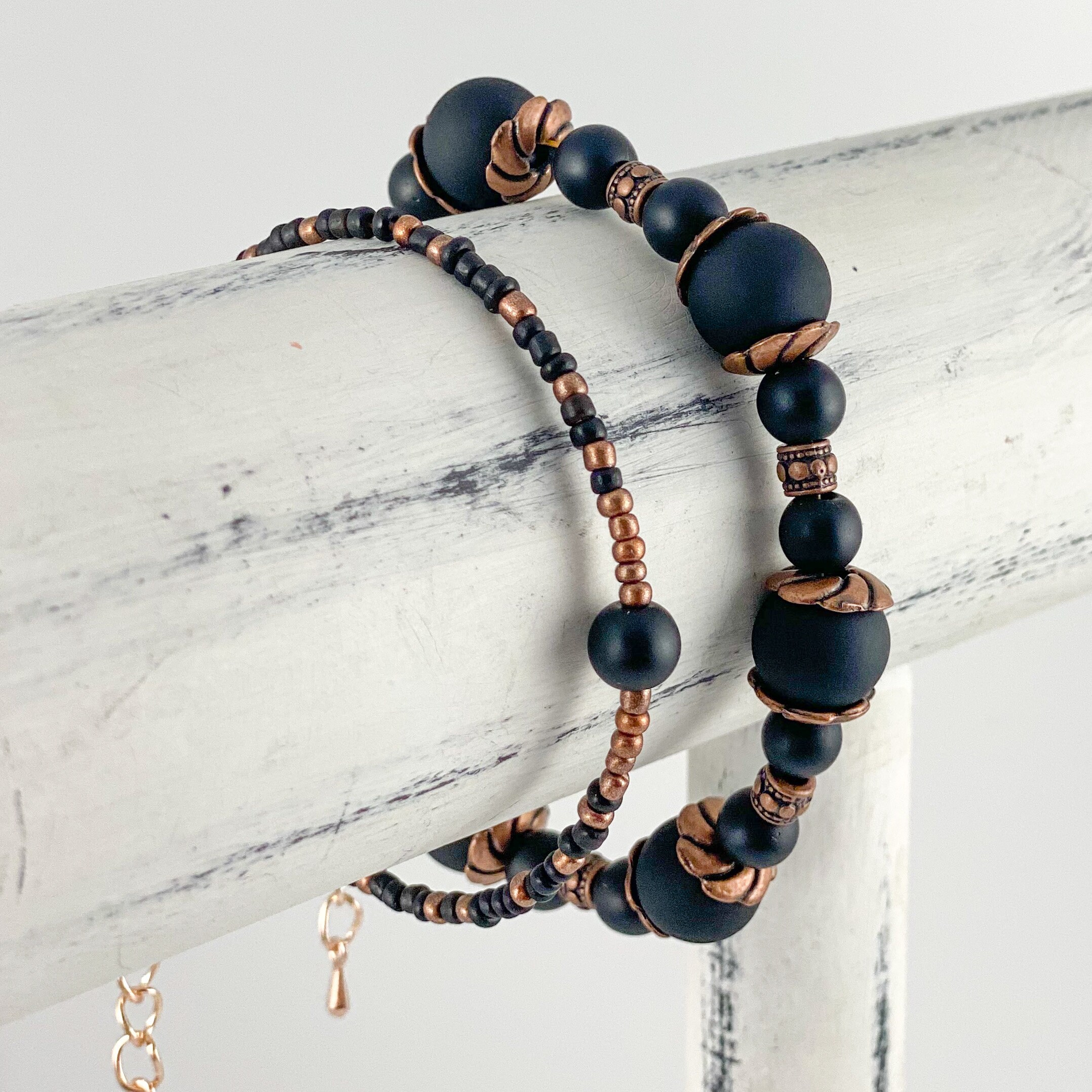 Matte Black and Copper Beaded Bracelet Set Etsy