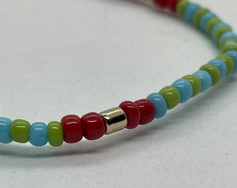Gold, green, red, blue stretchy beaded bracelet, Seed beads, beaded jewelry