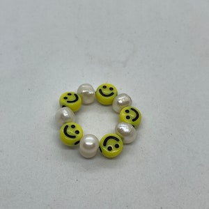 Pearl and yellow smiley face beaded ring