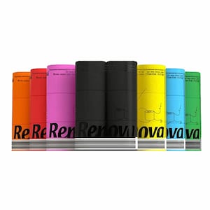 May include: Eight rolls of toilet paper in various colors, including orange, red, pink, black, yellow, blue, and green. Each roll has the word "ReNova" printed on it.