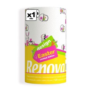 May include: A roll of Renova paper towels with an Easter design. The white paper towels feature a repeating pattern of Easter eggs, flowers, and bunnies. The packaging includes the text "design Easter Limited Edition".