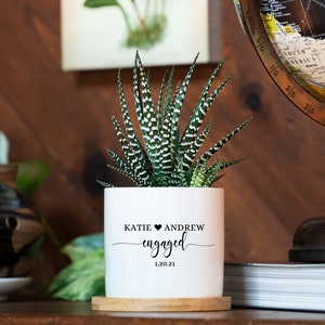 Personalized Engagement Gift - 3&quot; White Ceramic Pot w/ Bamboo Tray - Custom Succulent Pot - Newly Engaged Couple Gift - Wedding Gift Box