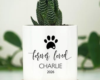 Personalized Dog Memorial Gift Planter - 3" White Ceramic Pot w/ Bamboo Tray - "Forever Loved" - Dog Sympathy Gift - Pet Memorial