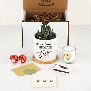 Personalized Planter Teacher Gift - Thank You For Helping Me Grow Gift - 3&quot; White Pot w/ Bamboo Tray- Graduation Gift, Teacher Gift Gift Box