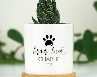 Personalized Dog Memorial Gift Planter - 3&quot; White Ceramic Pot w/ Bamboo Tray - &quot;Forever Loved&quot; - Dog Sympathy Gift - Pet Memorial