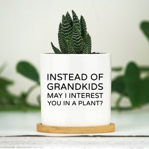 Em vez de netos, posso lhe interessar por uma planta? - Vaso de cerâmica branca de 3" com bandeja de bambu - Presente para ela - Sem netos - Presente para avós