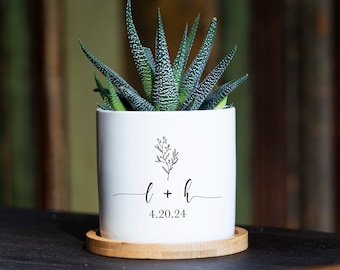 Personalized Planter Engagement Gift - Love Grows Here - 3&quot; White Ceramic Pot - Custom Succulent Pot - Newly Engaged - Engagement Gifts