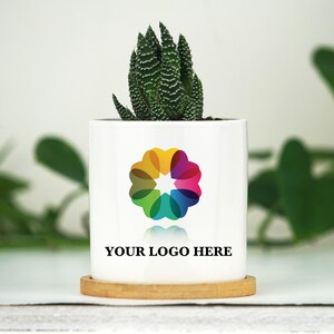 Planter With FULL COLOR Custom Business Logo  - 3 Inch White Ceramic Pot w/ Bamboo Tray - Personalized Corporate Gift - Company Gift