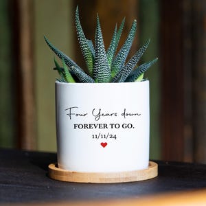 Four Year Anniversary Gift - 3" White Ceramic Pot w/ Bamboo Tray, Custom Succulent Pot, 4th Year Anniversary, Wedding Anniversary Gift