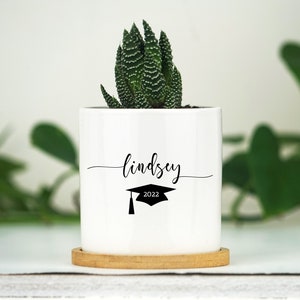 Personalized Planter Graduation Gift - 3&quot; White Ceramic Pot w/ Bamboo Tray - Graduation Gifts for Her - Unique College Graduation
