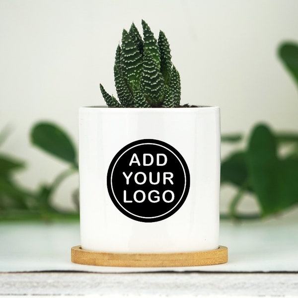 Planter With Custom Business Logo  - 3 Inch White Ceramic Pot w/ Bamboo Tray - Personalized Corporate Gift - Company Gift - Co-worker Gift