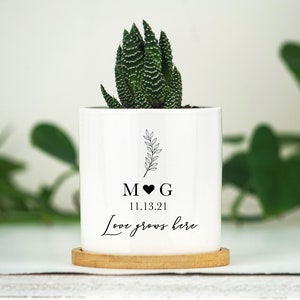 Personalized Planter Engagement Gift - Love Grows Here - 3" White Ceramic Pot w/ Bamboo Tray- Custom Succulent Pot - Newly Engaged