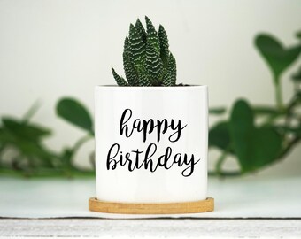 Happy Birthday Gift Box -  3" White Ceramic Pot w/ Bamboo Tray - Friendship Gift, Birthday Gift Box, Gift for Her, Care Package