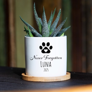 Never Forgotten Personalized Dog Memorial Gift Planter - 3" White Ceramic Pot w/ Bamboo Tray - Dog Sympathy Gift - Pet Memorial