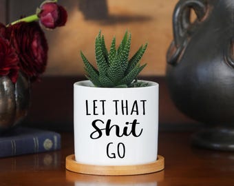 Bathroom Humor Planter - 3 Inch White Ceramic Pot w/ Bamboo Tray - Restroom Decor, Dorm Room Gift, Restroom Sayings, Wall Decor Bathroom