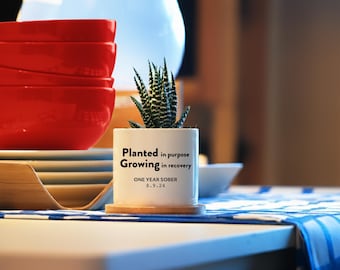 Sobriety gift - 3" White Pot w/ Tray - One day at a time, 1 year sobriety gift, Personalized Sobriety Gift for Men, Sobriety Gift for Women