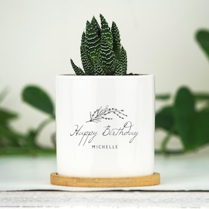 Personalized Happy Birthday Gift Planter - 3" Pot w/ Bamboo Tray - Succulent Gifts, Thank you Gift, Coworker Birthday Gift, Custom Name