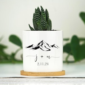 Personalized Planter mountain Engagement Gift - Love Grows Here - 3" White Ceramic Pot w/ Bamboo Tray- Custom Succulent Pot - Newly Engaged
