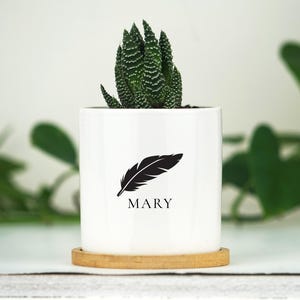 Personalized Birthday Gift - 3" White Ceramic Pot w/ Bamboo Tray - Custom Succulent Pot - New Baby Name - Plant Love Gift - Friend Gift
