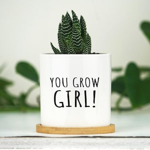 Friendship Gift - Mini "You Grow Girl" Planter - 3" Mini White Ceramic Pot w/ Bamboo Tray - Custom Succulent Pot - Birthday Gift