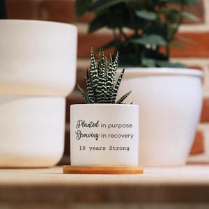 Sobriety gift - 3" White Pot w/ Tray - Custom Year - 1 year sobriety gift, Personalized Sobriety Gift for Men, Sobriety Gift for Women
