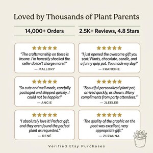 The image is a collage of six positive reviews and comments from plant parents, highlighting the quality and satisfaction they have received from the seller's products.