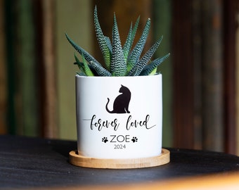 Personalized Cat Memorial Gift Planter - 3&quot; White Ceramic Pot - Forever Loved - Cat Sympathy Gift, Pet Memorial, Cat Planter, Cat Loss Gifts