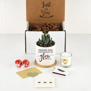 Custom Planter Teacher Gift Box - Thank You For Helping Me Grow Gift - 3" White Pot w/ Bamboo Tray -Teacher Flower Pot - Succulent Gift Box image 2