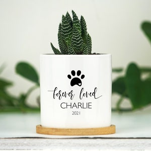 Personalized Dog Memorial Gift Planter - 3" White Ceramic Pot w/ Bamboo Tray - "Forever Loved" - Dog Sympathy Gift - Pet Memorial