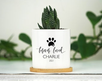 Personalized Dog Memorial Gift Planter - 3&quot; White Ceramic Pot w/ Bamboo Tray - &quot;Forever Loved&quot; - Dog Sympathy Gift - Pet Memorial