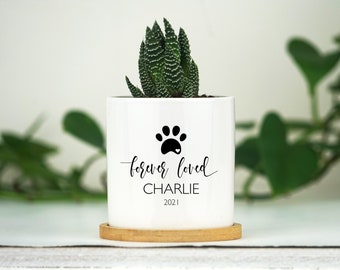 Personalized Dog Memorial Gift Planter - 3" White Ceramic Pot w/ Bamboo Tray - "Forever Loved" - Dog Sympathy Gift - Pet Memorial