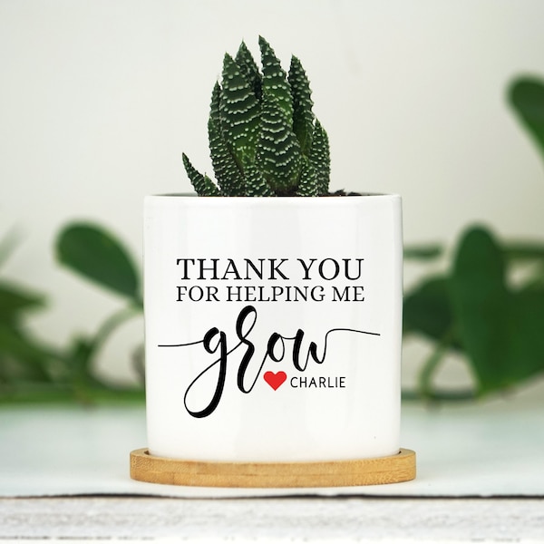 Custom Planter Teacher Gift Box - Thank You For Helping Me Grow Gift - 3" White Pot w/ Bamboo Tray -Teacher Flower Pot - Succulent Gift Box