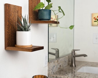 Wooden Plant Shelf - Engraved Floral Pattern - Plant Hanger, Shelves on Wall for Decor, Floating Shelf, Hanging Plant Shelf, Wall Planter