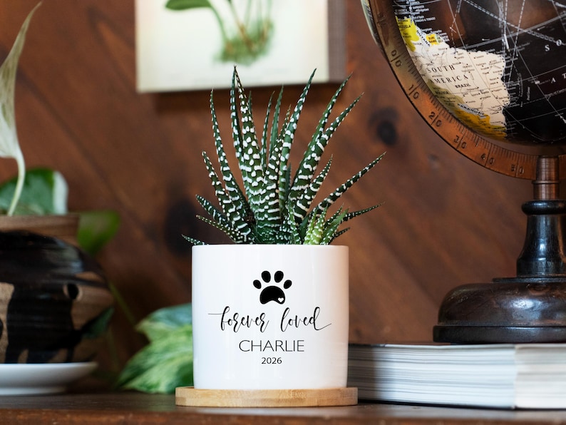 May include: A white cylindrical ceramic planter containing a green and white striped succulent plant. The planter features a black paw print graphic above the text "forever loved", the name "CHARLIE", and the year "2026" in black lettering.