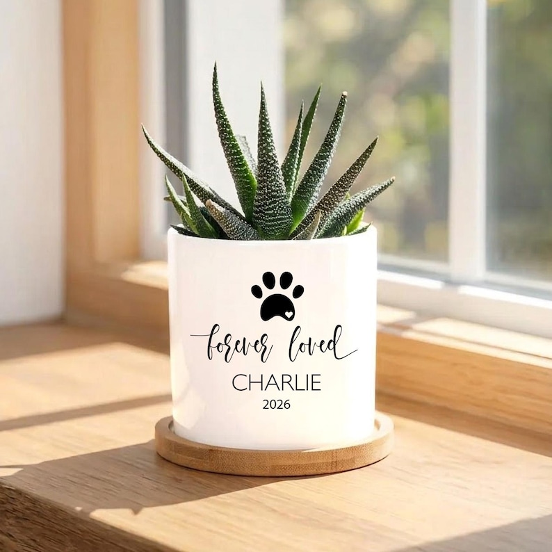 May include: A white cylindrical ceramic planter sitting on a circular bamboo saucer. The planter features a black paw print icon, the text "forever loved", the name "CHARLIE", and the year "2026". A green succulent plant grows inside the pot.