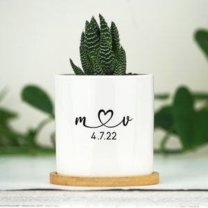 Personalized Planter Engagement Gift - 3" White Ceramic Pot w/ Bamboo Tray - Custom Succulent Pot - Newly Engaged Couple Gift