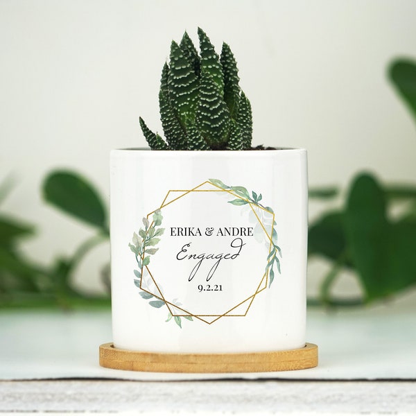 Mini Personalized Planter - 3" White Ceramic Pot w/ Bamboo Tray - Custom Succulent Pot -  Personalized Engagement Gift - Newly Engaged