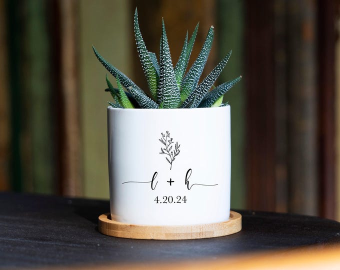 Personalized Planter Engagement Gift - Love Grows Here - 3" White Ceramic Pot - Custom Succulent Pot - Newly Engaged - Engagement Gifts