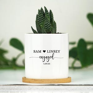 Personalized Planter Engagement Gift - 3" White Ceramic Pot w/ Bamboo Tray - Custom Succulent Pot - Newly Engaged Couple Gift