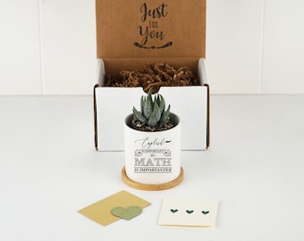 Personalized Math Teacher Gift  - White Ceramic Pot 3" w/ Bamboo Tray - Custom Planter Gift Box - Teacher Graduation Gift