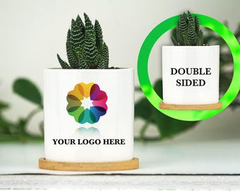 Double Sided Planter With FULL COLOR Custom Business Logo - 3" Mini White Ceramic Pot w/ Bamboo Tray - Corporate Gift - Company Gift